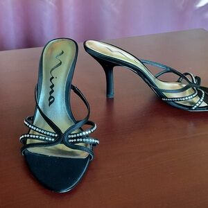 EUC Nina black satin slides sandals heels size 7